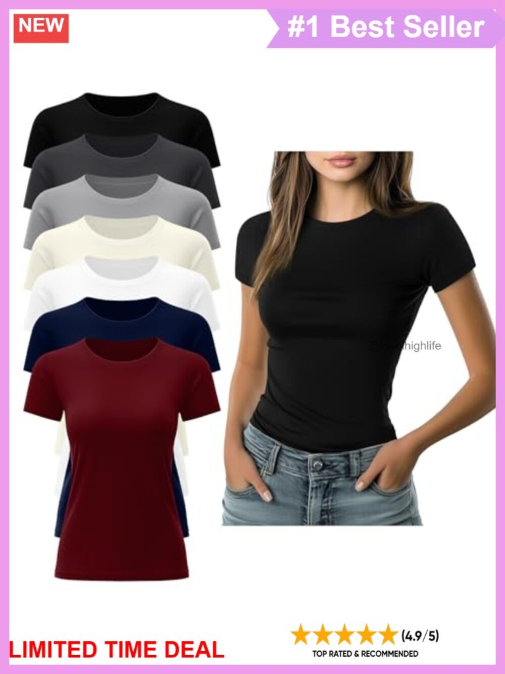 7 Pack Women's Fitted Crew Neck Short Sleeve T-Shirts Slim Fit Cotton Blend